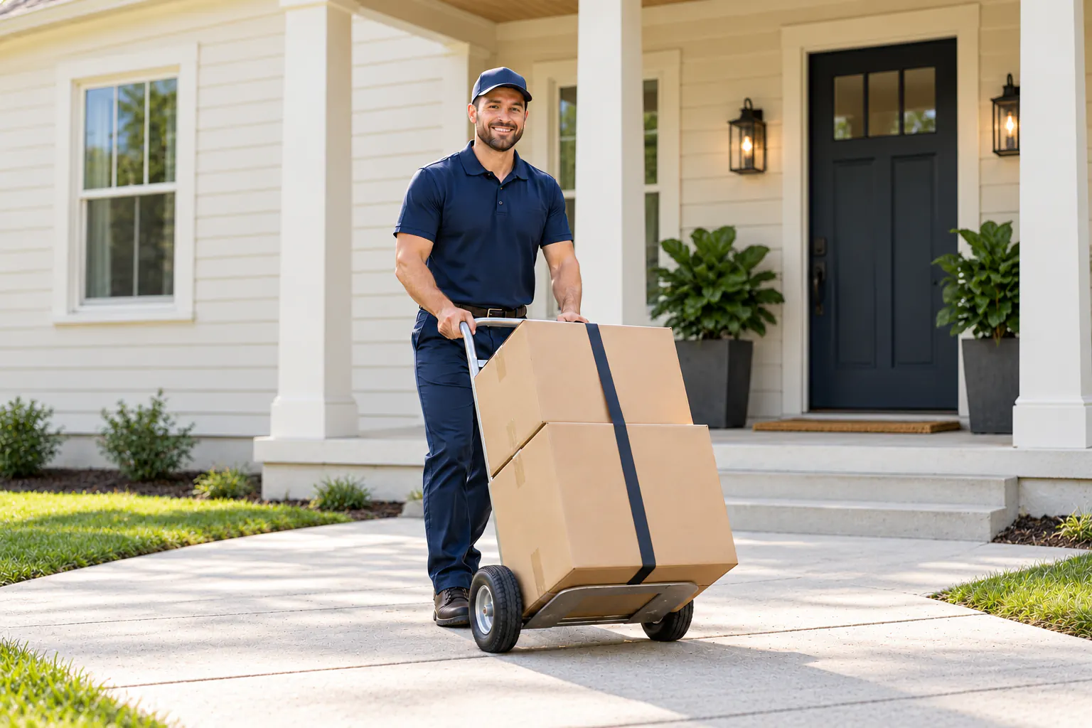Illustrative mover with a hand truck outside a Nashville home Illustrative mover with a hand truck outside a Nashville home